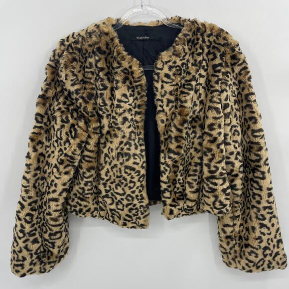 ELYSE WALKER Leopard Faux Fur Cropped Jacket Size S Open Front Lined Elysewalker
